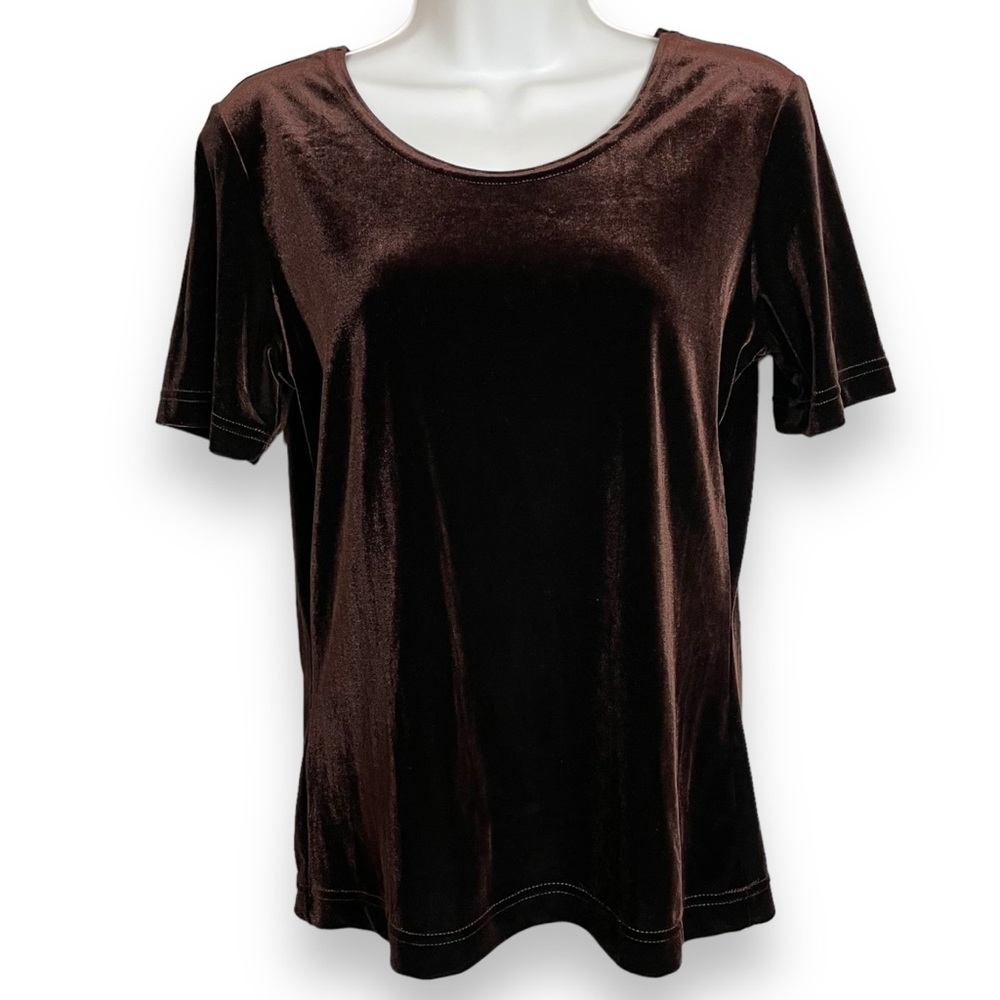Vintage Velvet T-Shirt Brown Short Sleeves Crew Neck Women Size Small‎ Mushroom